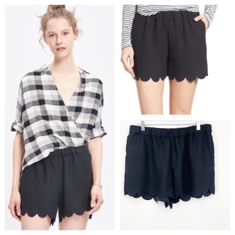 Madewell Scallop Hem Pull On Shorts Womens Size Large Black Side Pockets